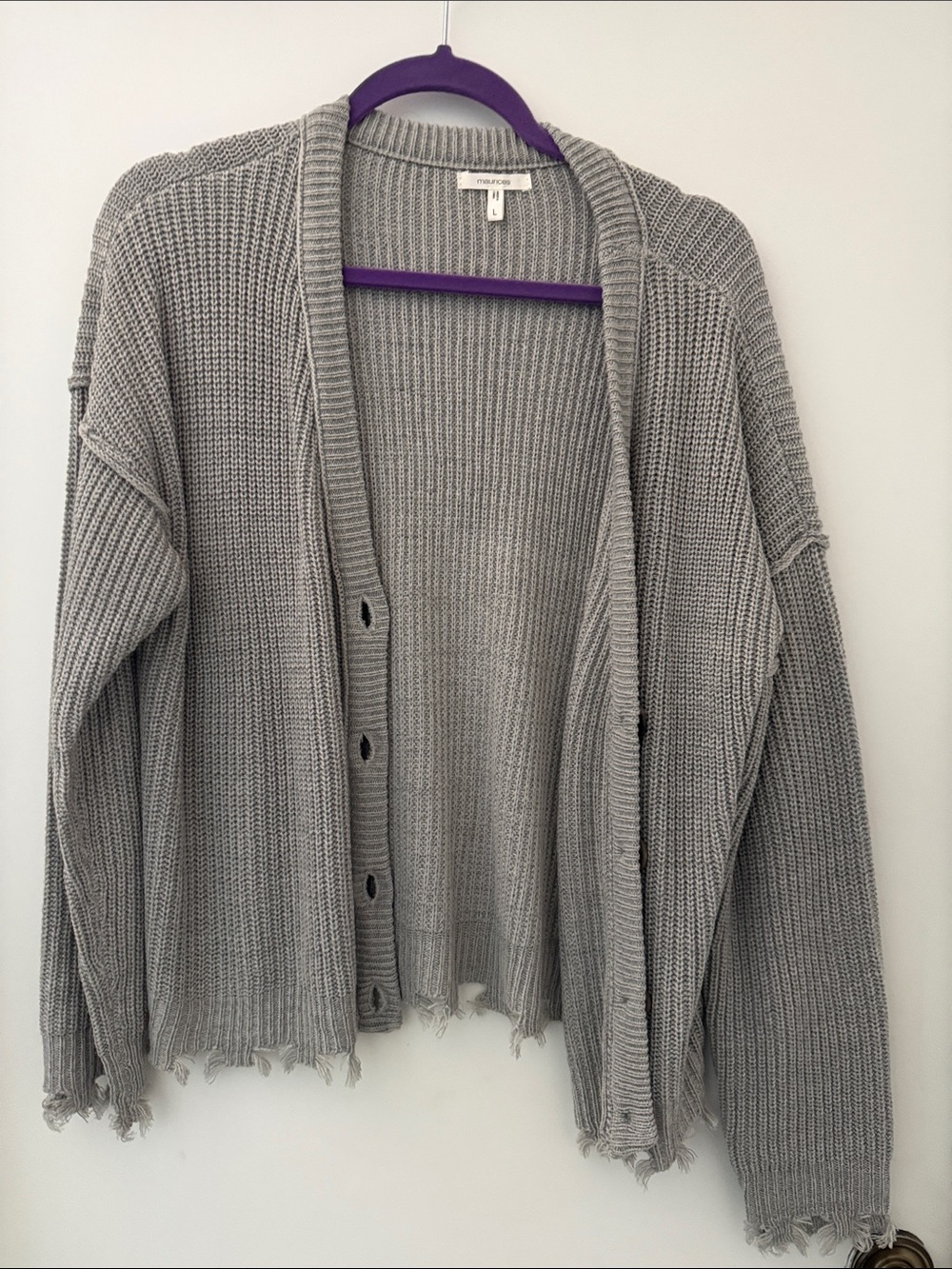 Maurices Light Gray Distressed Open-Front Cardigan